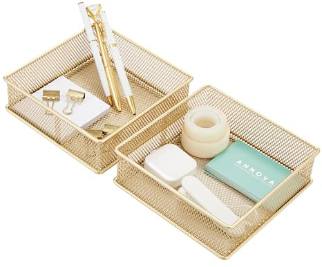 Annova Product image Lot de 2 bacs de rangement en maille pour armoire et étagère - Pour fournitures scolaires et de bureau (doré, 15x15x5cm)