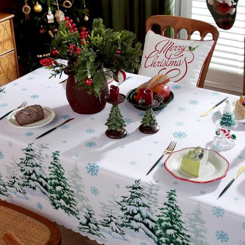 PRZRAO Mantel de Navidad, Decoración de Invierno Blanco para Mesa de Cocina, 150 x 220 cm + 4 Clips, Lavable y Apto para Exterior (Blanco)