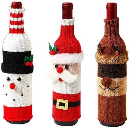 XIFUHUI 3Pcs Weihnachten Weinflasche Abdeckung handgemachte Weihnachten Pullover Weinflasche Tasche gestrickt Rentier Weihnachtsmann Abdeckung für Weihnachten Festival Dinner Party Tischdekorationen