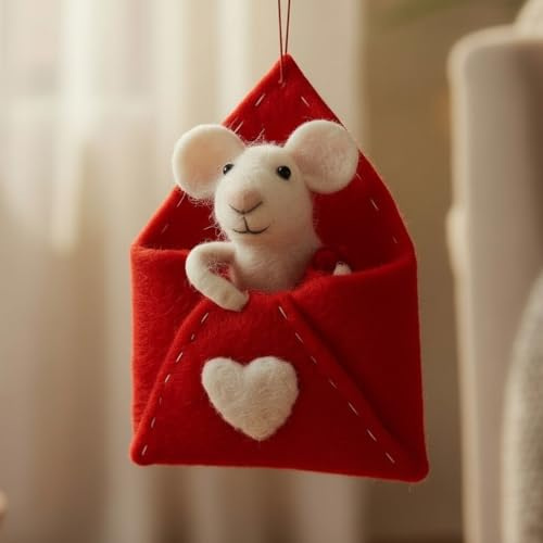 Adorable Needle Felted Christmas Ornament | Free-Standing or Hanging Decoration | Festive Christmas Decor (Mouse in Sweetheart Envelope)