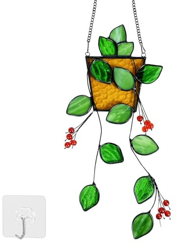 Royxen Buntglas Fensterbehang, Sonnenfänger, Sonnenfänger für Fenster hängend, Grünpflanzen mit gelbem Topf
