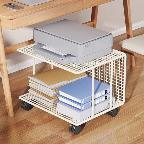 Under Desk Printer Shelf 2-Tier Printer Stand with Lockable Wheels - Metal Printer Cart for 3D & Laser Printer, Scanner, Heat Press, Storage Rack (White)
