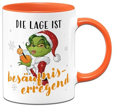 Miss Grinch Aperol Tasse - Die Lage ist besäufniserregend - Weihnachtstasselustig für Frauen, Kaffeetasse mit Spruch für Anti Weihnachtsmuffel - Geschenk Kollegin Aperolgeschenke (Orange)
