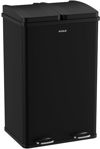 Avalo Papelera de separación de residuos 60 litros - Acero inoxidable Negro - 2 compartimentos - Respetuoso con el medio ambiente, higiénico y sin huellas dactilares - Cubo de pedal/Basura