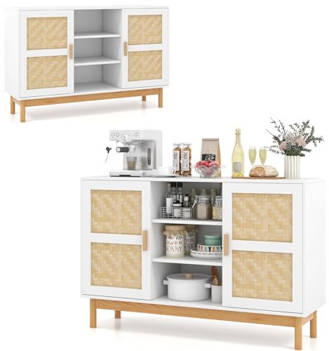 KOMFOTTEU Buffet Sideboard mit gewebten Türen aus Bambus, Küchenschrank mit 3 offenen Ablagen, Buffetschrank Anrichte Holz 120x35x78 cm, TV-Schrank Beistellschrank Mehrzweckschrank