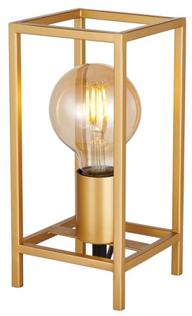 Happy Homewares Vintage and Industrial Style Satin Gold Table Lamp with Rectangular Cage Design | 23cm x 11cm | Inline Switched Black Cable