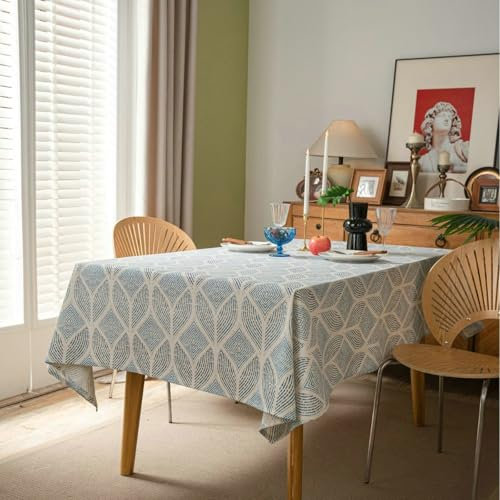 Gualiy Tischdecken Quadrat, Tischdecken 140 x 260 Baumwolle Leinen Abwaschbare Tischdecke Küche Blätter Bedruckt Tischdecke für Glastisch, Blau