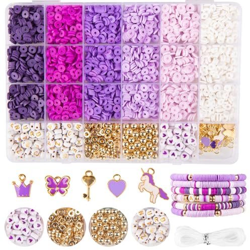 yumcute Armband Set Selber Machen, 3000 Stück Lila Polymer Clay Perlen, 6 Farbe Schmuck Selber Machen Set, 6mm Clay Beads für Die Herstellung von Armbändern, Halsketten und Ohrringen