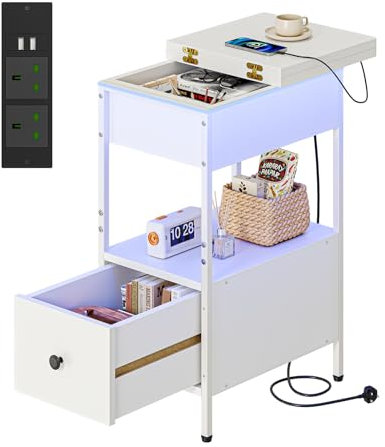 Dripex Slim 30cm Wide Side Table, Narrow Bedside Table With Charging Station, Flip-Up Tabletop, Wooden Drawer, LED Compact WhiteCabinet Nightstand, Perfect for Small Bedrooms/Flats