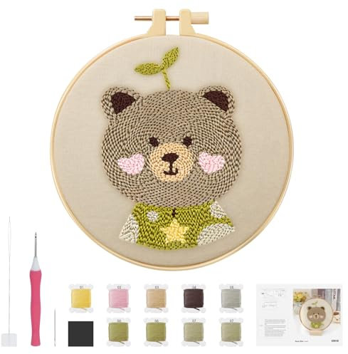 GlasFlength Bean Stanznadel Stickerei Starter Kit, Punch Needle Stickerei Set mit Stoff Fäden Einfädelhilfe Mustern und Anleitungen Handarbeit Set Starter-Kits für Anfänger für Kinder Erwachsene