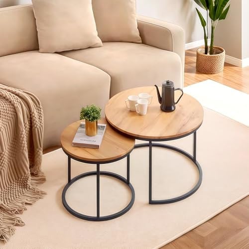 Ginhow Couchtisch Rund Holz, Runder Couchtisch Eiche 2er Set, Wohnzimmertisch Klein Ø40CM + Großer Sofatisch Ø50CM für Wohnzimmer, Schlafzimmer, Café