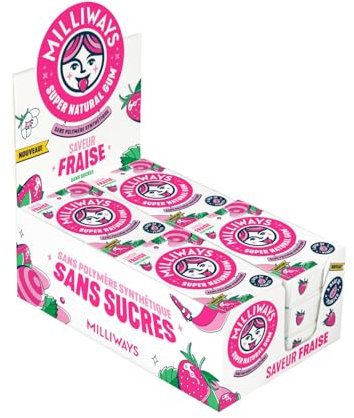 MILLIWAYS - Chewing gum sans sucres avec édulcorants et arôme naturel au goût de fraise12 boîtes de 10 dragées de 20g- À base de plantes - Avec du Xylitol - Sans aspartame