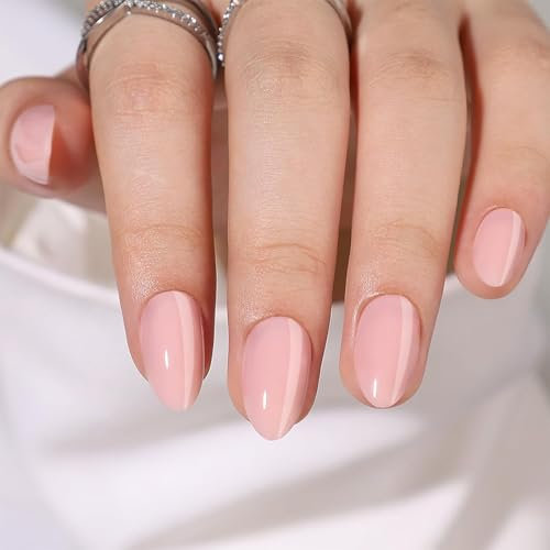 Light Pink Press On Nails - Almond False Nails in 12 Sizes - 24Pcs Soft Gel Short Fake Nails with Glue - Light Weight & Fit Perfectly Stick on nails for Women and Girls