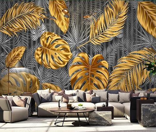Fototapete 3d Effekt Tapete 200x140cm Tropische Pflanzen Blätter Natürlich Geometrisch Gold Grau Panoramatapete Wandbilder Vliestapete Seiden Wand Deko