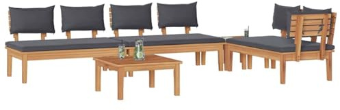 vidaXL Gartensofa-Set 5 pcs Braun und Grau, Moderner Garten-Sofa, Lounge-Set fürs Freie, Teak-Möbel, entspannter Sitzplatz, Bequeme Schaumstoffkissen
