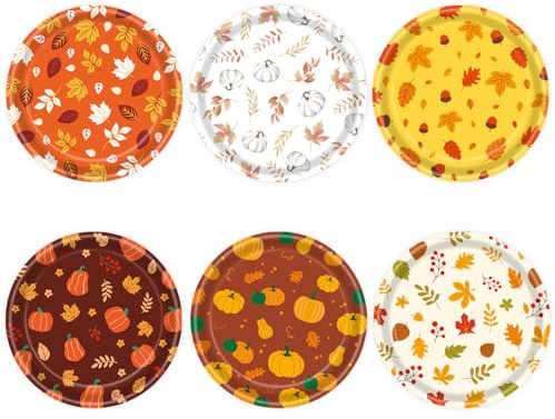 DHAIQC 48 Stück Herbst Pappteller 18 cm, Erntedankfest Partyteller mit Kürbis und Ahornblättern Einwegteller Dessertteller Kuchenteller für Erntedankfest Herbstliche Partyzubehör (Herbst)