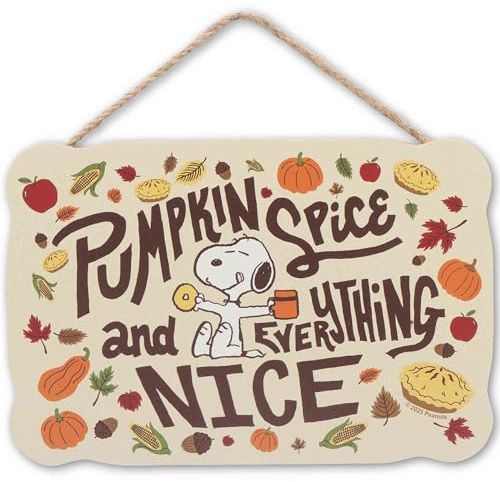 Peanuts Snoopy Pumpkin Spice and Everything Nice Hanging Wood Wall Decor | Cute Snoopy Fall Decor with Autumn Leaves and Pie