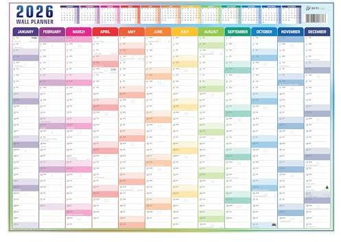Wall Planner 2026 | A1 (84x59cm) Full Year Jan-Dec 2026 | UK & Ireland Holidays | Rainbow Design | 170 GSM Premium Silky Paper | Home Office University School Planner | British Made| Folded