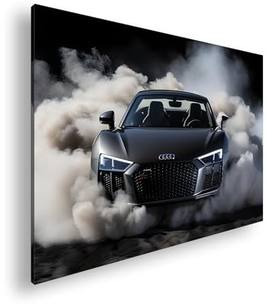 Farbenhorizont Leinwandbild Kraftvoller Audi durchbricht den Rauch wie ein Schattenjäger. Format: 100x70cm XXL Wandbild auf Keilrahmen/Kunstdruck/Bild Wohnzimmer Dekoration