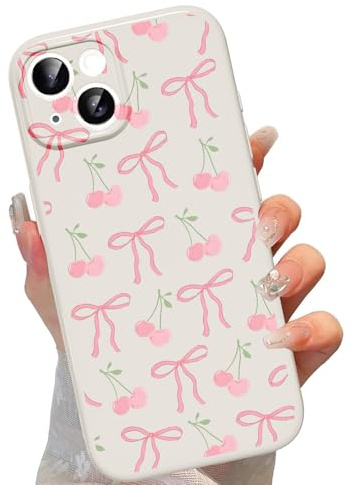 Phoona Cute Case for iPhone 14 6.1, Cherry Vintage Girly Aesthetic Pattern Design, Camera Protection Bumper Soft Slim TPU Shockproof Protective Cover for Girls Women