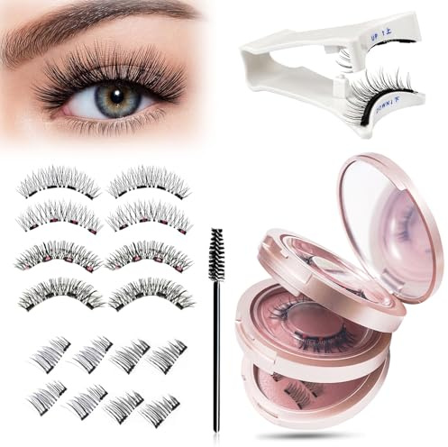 Magnetische Wimpern – 3 Lagen mit 16 Stück (6 Paare) Natürliche Magnetic Lashes in 6 Designs, inkl Applikator & Bürste, Wiederverwendbare Künstliche Wimpern für Damen Make-up & Geschenkidee