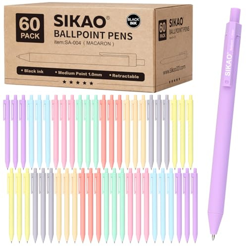 Sikao Pastell Kugelschreiber, 60 Stück – Druckkugelschreiber mit schwarzer Tinte, 1,0 mm Medium Spitze, Sanftes Schreiben ohne Verschmieren, ruhige Farben für Schule & Büro