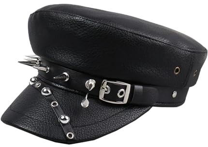 Damen Newsboy Cap Schwarz aus PU-Leder Teens Punk Goth Cross Cap Y2K Hip-Hop Punk-Rock Nieten Baskenmütze Vintage Beanie Beret-Mütze Matrosen-Hut Schirmmütze