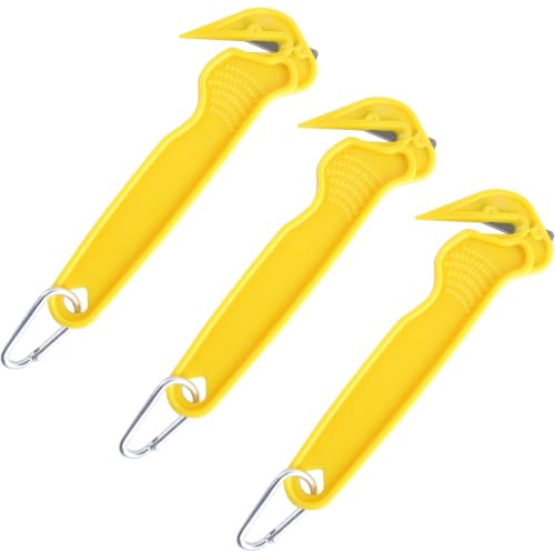 KEWAYO 3 Pcs Yellow Box Cutters, Box Opener Tool with Keyring for Packaging, Shrink Wrap, Stretch Wrap, Tape, and Plastic Straps