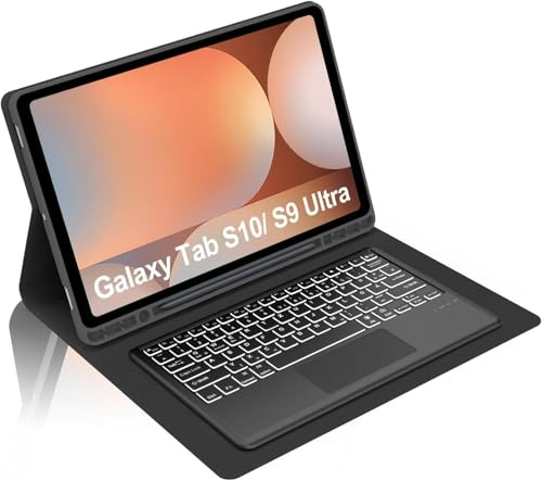 Occtingkind Premium Hülle mit 7-Farben-Beleuchtung QWERTZ Tastatur & Touchpad für Samsung Galaxy Tab S10 Ultra (2024) & S9 Ultra (2023) 14,6 Zoll, inklusive Unten Stifthalter, Bluetooth, Schwarz