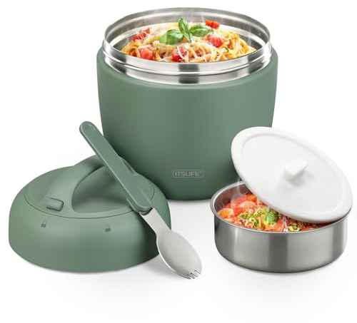 Itslife Thermobehälter für Essen 970ml, Thermoschüssel mit Deckel, Warmhaltebehälter aus Edelstahl mit Löffel, Thermoskanne Essen Auslaufsicher, Thermo Lunchbox für Suppen, Porridge (Neu-grün)