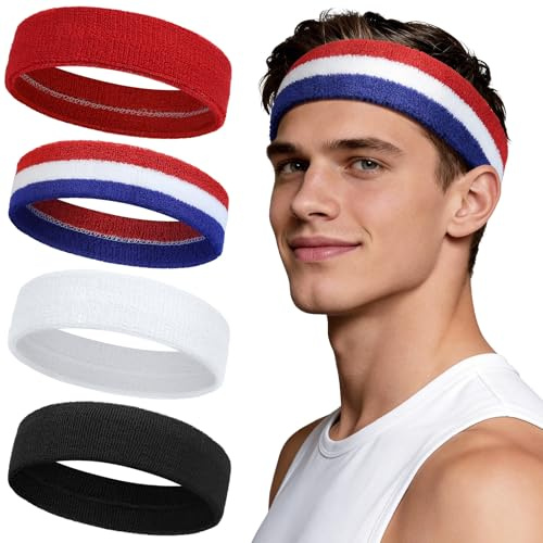 Kavya Sport Schweißband Stirn aus Frottee für Damen & Herren, Stirnband Atmungsaktiv rutschfest Haarband für Laufen, Fahrrad, Joggen, Tennis, Fußball, Gym, 4 Stück