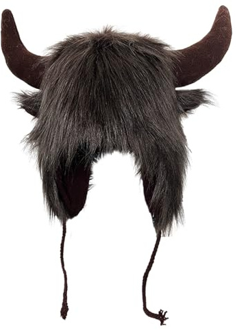 Bison Hut – Hut aus Horn aus Kunstpelz | Tiermützen aus Kunstfell, Kostümhüte aus Büffelhorn mit Ohrenklappen für lustige Partys für Erwachsene und Cosp