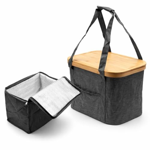 BigDean 24 Liter Picknicktasche herausnehmbarer Kühltasche und Deckel grau | 2-in-1 faltbarer Picknickkorb mit isolierter Innentasche & Bambusdeckel, für Einkauf, Camping, Strand und Auto