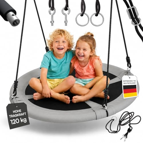 Bellabino Konda Nestschaukel Ø120 cm, Anthrazit, 120 kg, Indoor & Outdoor | Kinderschaukel mit Zubehör, Hängeschaukel verstellbar mit Randpolsterung, wetterfest, reißfestes Seil, Garten & Kinderzimmer