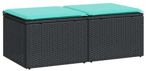 Qnhdfrt 2er Set Gartenhocker mit Kissen, Poly-Rattan Sitzhocker für Terrasse und Balkon, Outdoor-Hocker mit Stauraum unter der Sitzfläche, inklusive waschbare Bezüge, Schwarz, 55 x 55 x 37 cm