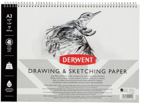 Derwent Skizzenblock, A3 Querformat, Zeichnen & Schreiben, 30 Blatt, Säurefreies Papier, Spiralgebundener Buchrücken, Professionelle Qualität, 2300141