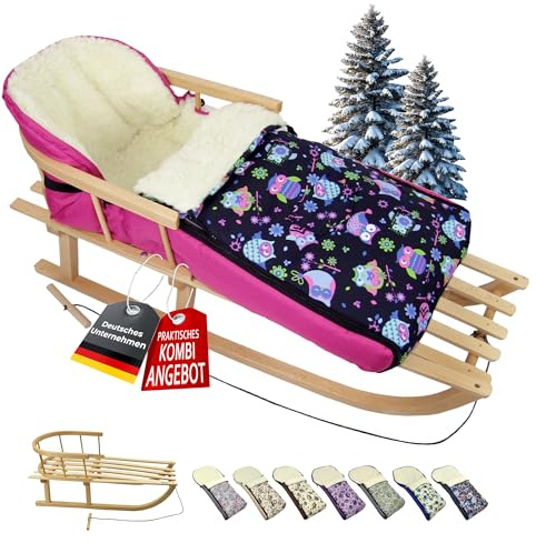BAMBINIWELT Kombi-Angebot Holz-Schlitten mit Rückenlehne & Zugseil + universaler Winterfußsack (108cm), auch geeignet für Babyschale, Kinderwagen, Buggy, aus Wolle im Eulendesign