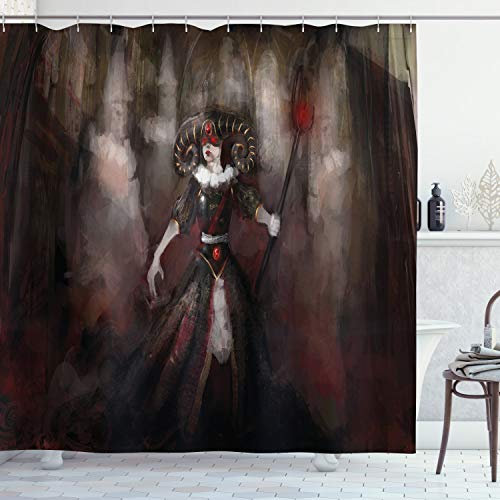 ABAKUHAUS Gothique Rideau de Douche, Evil Woman Mythe médiéval, Tissu Ensemble de Décor de Salle de Bain avec Crochets, 175 x 200 cm, Noir Rouge Gris
