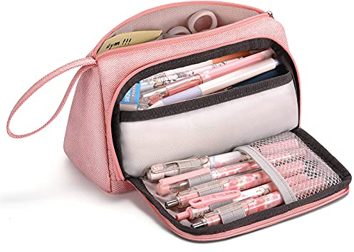 MOKANI Pencil Case, Big Capacity Pencil Pen Pouch with Handle, Stationery Bag Supplies Box for Student Office College Middle School High School, Pink