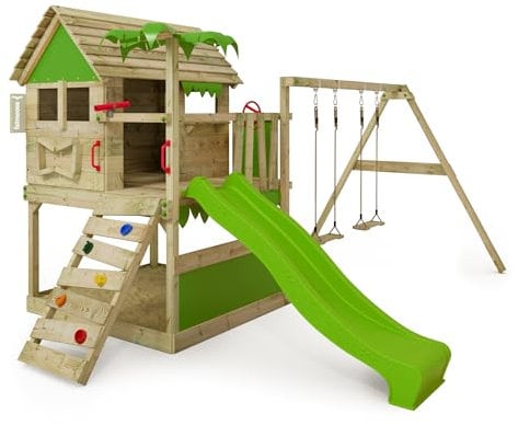 FATMOOSE Spielturm Klettergerüst TikaTaka Town XXL mit Schaukel & Rutsche, Outdoor Kinder Kletterturm mit Sandkasten Leiter & Spiel-Zubehör für den Garten (apfelgrün)