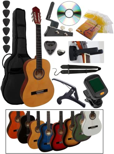 Pack Guitare Classique 4/4 (Adulte) + 6 Accessoires + Cour Vidéo et CD (Naturel)
