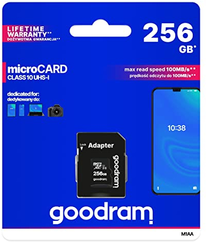 Goodram 256GB M1AA Micro Card High Speed Class 10 Memory Card with Adapter and UHS-I Interface Read Speed up to 100MB/s Write Speed from 10MB/s 256GB