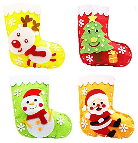 Weihnachtsstrumpf 4 Mini Nähen Handwerk für Kinder, Weihnachtsbaum / Rentier / Weihnachtsmann / Schneemann Weihnachtsstrümpfe Set DIY Filz Nähset für Mädchen Jungen Kinder Goodie Bags Weihnachtsbaum