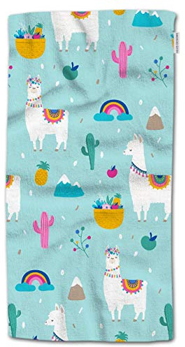 HGOD DESIGNS Alpaka-Handtücher, Cartoon-Motiv, niedliches Lama, Alpaka, Kakteen und Blätter, 100 % Baumwolle, weiche Badetücher, 38,1 x 76,2 cm