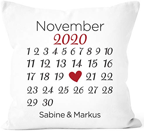 SpecialMe® personalisiertes Kissen Kalender mit anpassbarem Datum und Wunsch-Namen Geschenk Liebe weiß Unisize