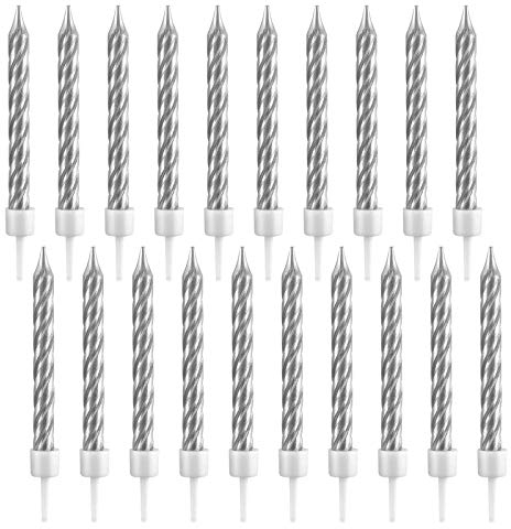 Spiral Birthday Candles,20 Pcs Metallic Cake Candles with Holder for Birthday Wedding Party Cupcakes Topper Decorations,Silver