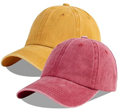 LANGZHEN Unisex Baseball Cap 100% Baumwolle Fits Männer Frauen Washed Denim Einstellbare Papa Hut (Burgund+Gelb, One Size)