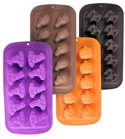 Zueyen 4 moldes de chocolate de silicona para Halloween con gorro de bruja, mini jabón de cera, molde de cubitos de hielo, bandejas de cubitos de hielo, suministros para fiestas de Halloween