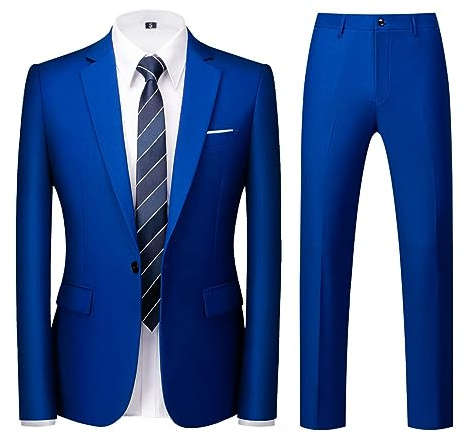 Män kostymer 2 delar smal passform enkelknäppt en knapp bröllop affärer vardaglig smoking kostym blazer byxor kostym set, Juvel blå, XL