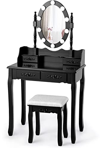 RELAX4LIFE Schminktisch Set mit Hocker, Frisiertisch mit 360° Schwenkbarem & Abnehmbarem Spiegel, Kosmetiktisch mit 10 Dimmbaren&3-Farbigen LED-Beleuchtungen, Make-up Tisch mit 4 Schubladen (Schwarz)